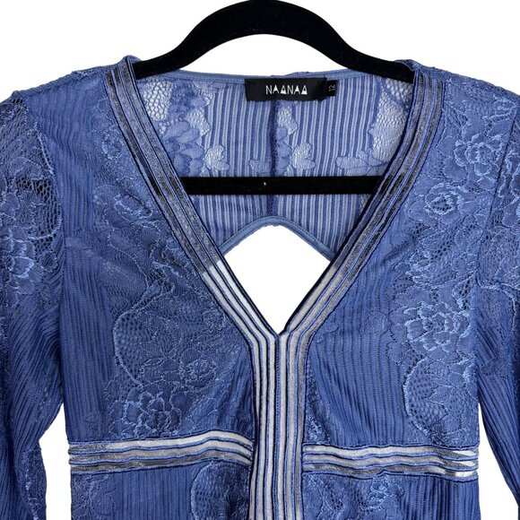 Naanaa Blue Lace Long Sleeve Backless Bodysuit Size Small Sheer Coquette - Picture 3 of 9